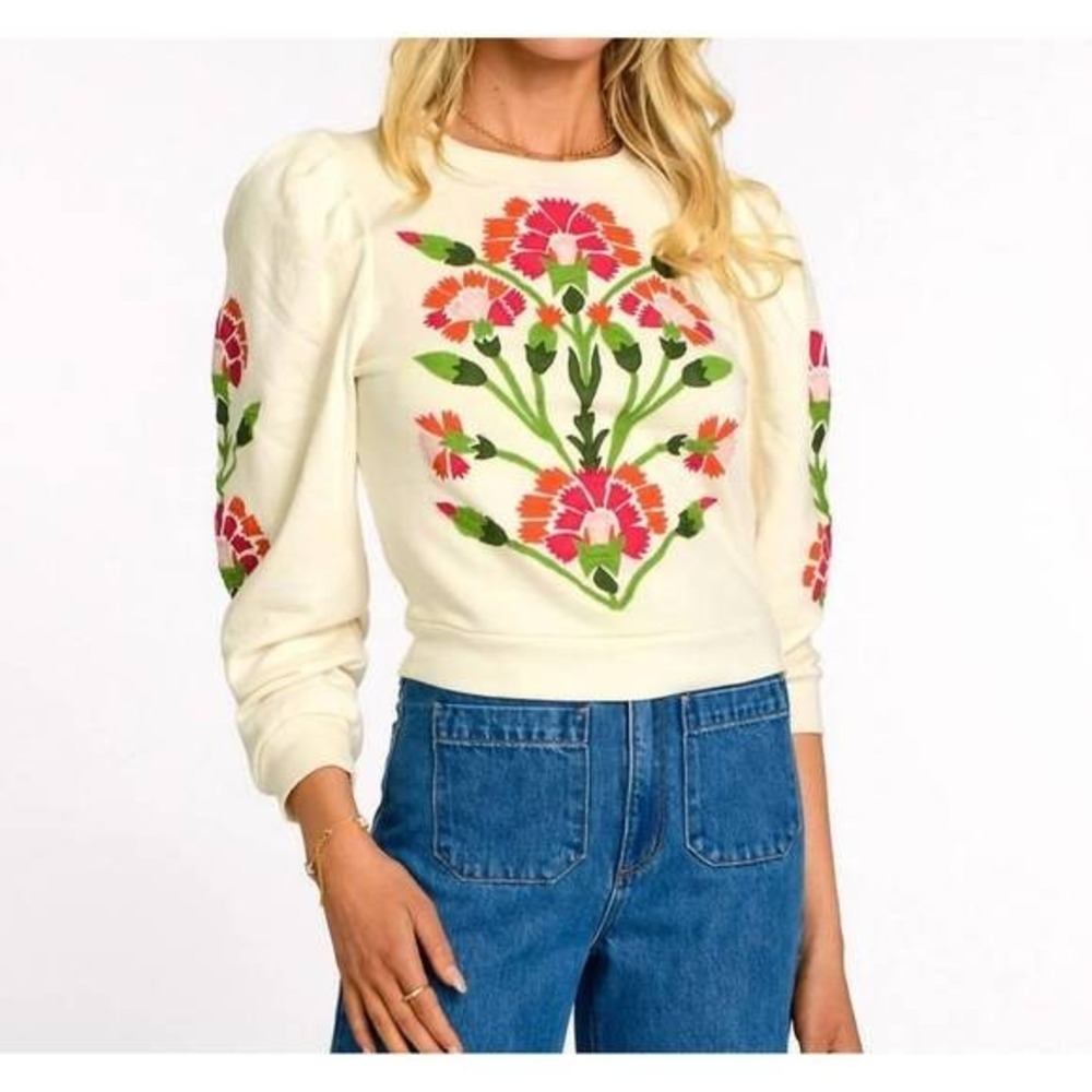 Elizabeth and James The Label Jasmine Top Cream Floral Embroidered Puff XS